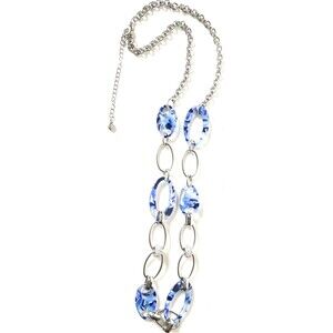 Necklace 34” Blue Ovals & Silver Toned Chain & Rhinestones (1946) W/3” Extension